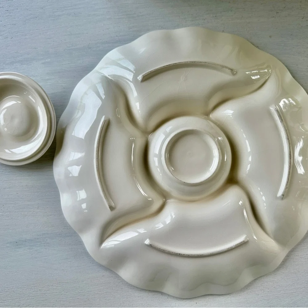 VINTAGE, 13 1/2” FINE CERAMIC, DIVIDED SERVING DISH. CREAMY OFF-WHITE DISH.